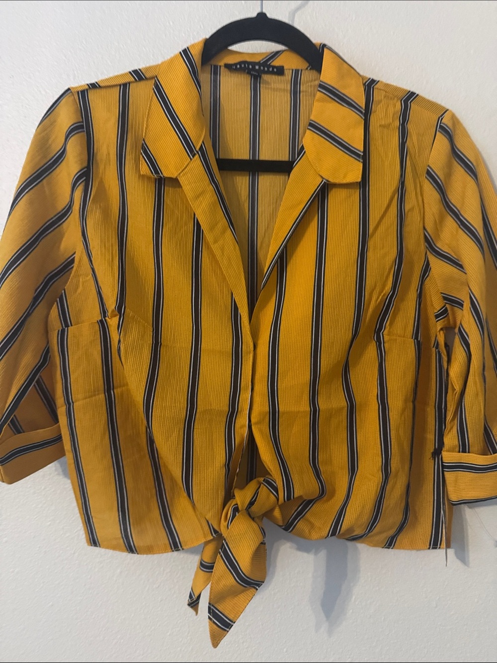 Haute Monde Mustard Yellow Striped Tie-Front Shirt